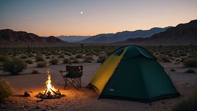 UAE desert camping setup with Arabic tent at sunset over sand dunes