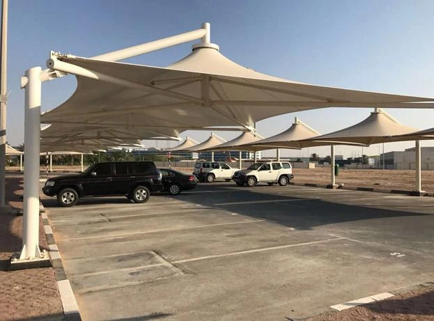 Commercial car shade row installation UAE office compound parking